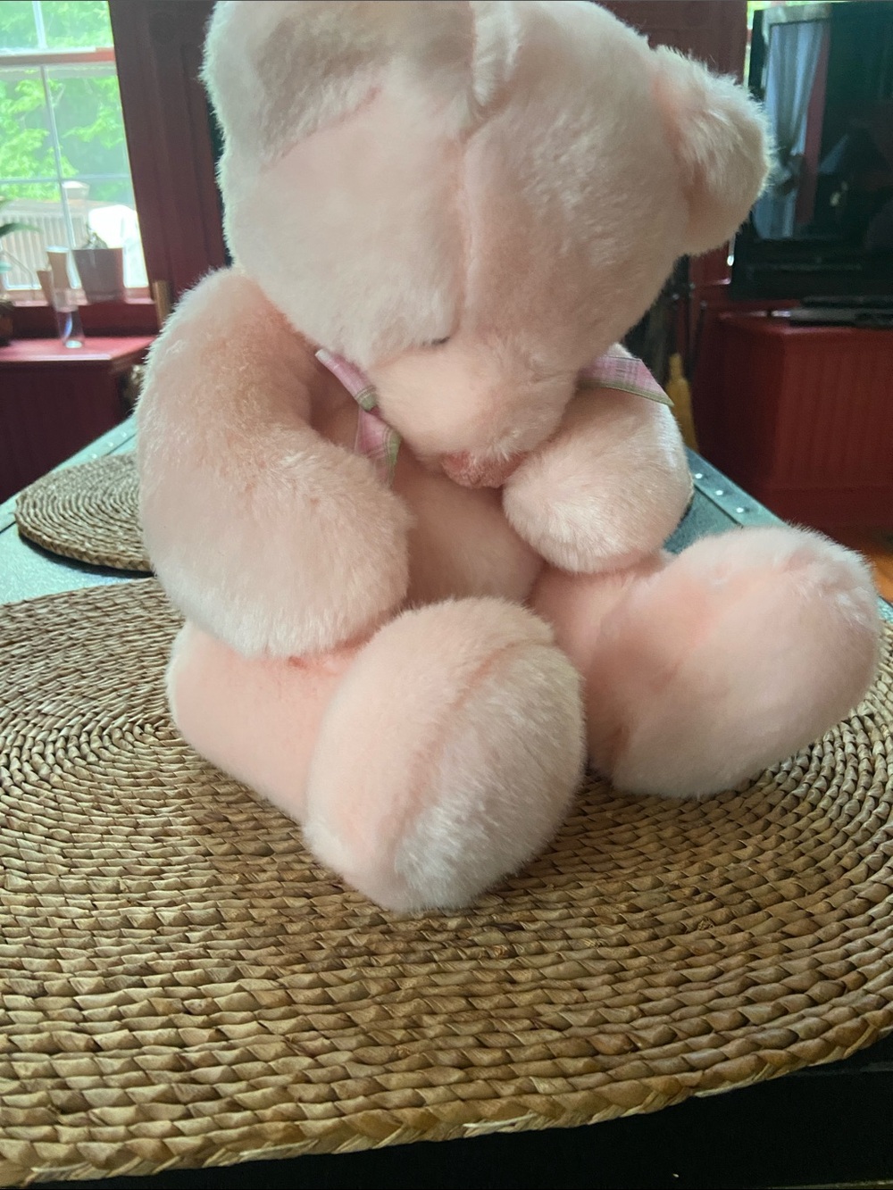 Russ Berrie Soft Pink Plush Teddy Bear with Plaid Bow and Rattle sound